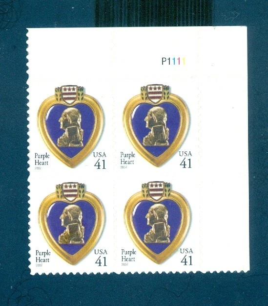 US Scott 4164 Purple Heart, 41 cent , 2007  Plate# P1111 Block/4, MNH - Image 1 of 1
