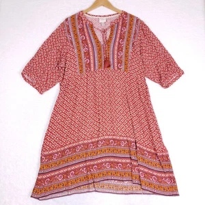 Knox Rose Boho Midikleid XXL rot Quaste Ausschnitt Festival erdig Global Print - Bild 1 von 8