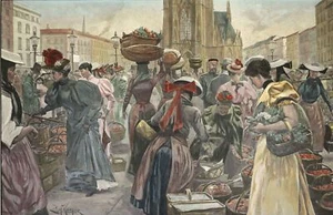 HAMBURG - "Vierländer Obstverkäufer auf dem Hopfenmarkt" kol. Holzstich um 1890 - Bild 1 von 2