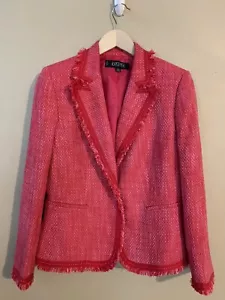 Kasper Pink Tweed Red Trim Fringes Jacket Sz 10P - Picture 1 of 10