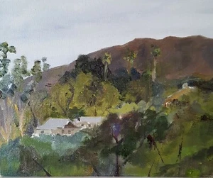 Lake Hodges, San Diego, casa en la ladera, pintura al óleo original, firmada 8x10 pulgadas - Imagen 1 de 3