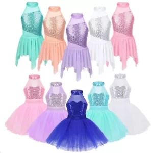 Kids Girls Lyrical Dance Dresses Ballet Tutus Halter Cutout Back Leotard Skirts - Picture 1 of 63