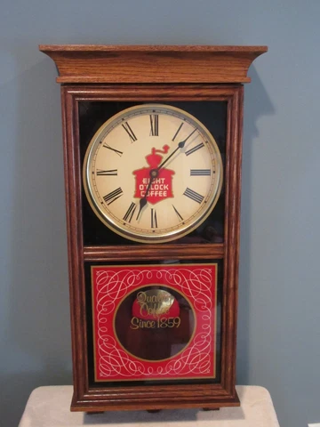 RARE EIGHT O'CLOCK COFFEE Wood and Glass Wall Pendulum Clock Wisconsin Clock Co Cover
