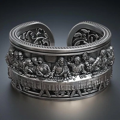 925 Sterling Silver Men's Adjustable Ring Last Supper Da Vinci Handmade Jewelry - Image 1 of 4