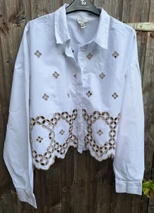 River Island White Broderie Anglaise Beige Cutwork Crop Shirt Blouse 14 Was £38 - Picture 1 of 17