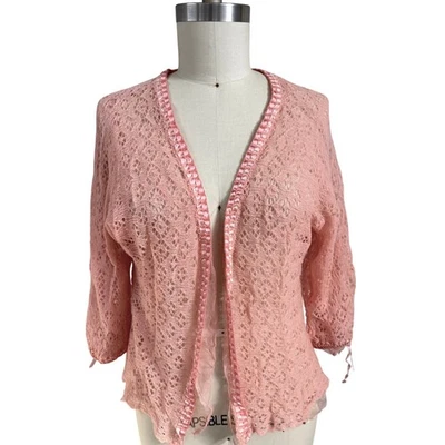 Antique Hand Knit Wool Cardigan Rosy Peach Silk Lined Ribbon Trim Bed Jacket - Image 1 of 4