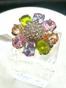 Rose gold ring flower multi gem accents simulated diamonds cocktail - Picture 1 of 6