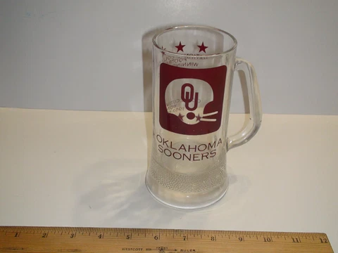 University of Oklahoma Sooners Glass Mug Stein 6 1/2" Tall 16oz Cover