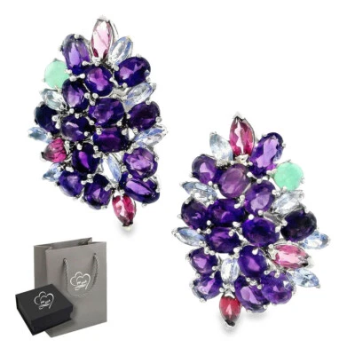Echte Amethyst Smaragd Tansanit Rhodolith große Ohrstecker 925 Silber Ohrringe - Bild 1 von 4