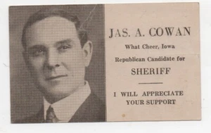 Tarjeta política de 1920 ""J. Cowan para sheriff"" What Cheer Iowa con placas de licencia - Imagen 1 de 2
