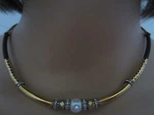 LANGANI FOR LOUIS FERAUD COPPER BROWN, GOLD-TONE, PEARL DESIGNER NECKLACE - EUC - Picture 1 of 6