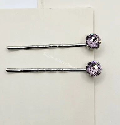 Handmade 2pc Hair/ Bobby Pins w/ Swarovski Crystal Light Amethyst Chaton Stones - Image 1 of 4