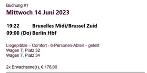 European Sleeper ticket Brussels - Berlin, 14 June 2023 - Bild 1 von 2
