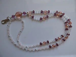 Beaded Lanyard. Pink, Amethyst & Clear Faux Crystals & Silver Colour Beads. - Picture 1 of 3