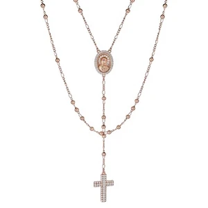Rosario Cuentas Circonita Helada Cruz Collar Chapado en Oro Rosa y Real Plata 925 Rosario - Imagen 1 de 18