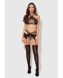 Juego de lencería de 3 piezas Felicia Bralette de encaje de leopardo con liga y tanga - pequeño - Imagen 1 de 2
