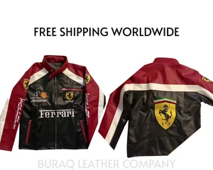 Men's Ferrari Leather Jacket Black & Red - Real Cowhide Leather Racing Jacket - Picture 1 of 6