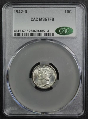 1942 D Full Split Bands Mercury Silver Dime 10C CACG MS 67 FB CAC - Image 1 of 4