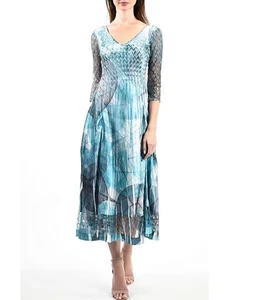NEW, Komarov Pleated Charmeuse V Neckline Lace 3/4 Sleeve Dress in Blue L #MD026 - Picture 1 of 6