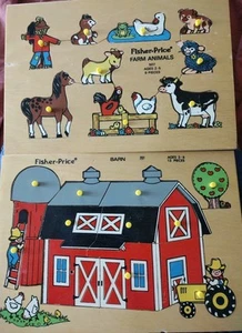Vintage Fisher Price Holzklammer Puzzle Bauernhof Tiere Scheune #507 #501 Vorschule 12x8 - Bild 1 von 3