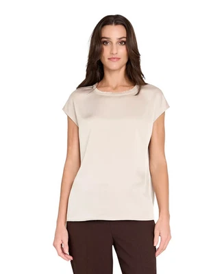 Blusa Top Tahari ASL Para Mujer Flecos Borde Cuello Satinado Cuello Redondo Blanco Vainilla L Foto 1 de 4