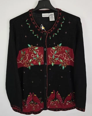 White Stag Vintage Black Christmas Sweater Size 22W/24W Cardinals Poinsettias - Image 1 of 4