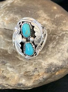 Kingman Turquoise Navajo Sterling Silver 2 Stone Ring Size 11 14175 - Picture 1 of 12