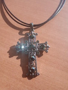 Vintage Y2K Corded Silverstone Cross Pendant Necklace With Black Red Stones - Picture 1 of 5