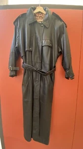 VTG Women’s Leather Coat Trench Duster Belted Jacket Cheetah Print Lined 1980s - Picture 1 of 23