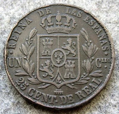 SPAIN Isabel II 1858 25 CENTIMOS de REAL, COPPER km# 615 yes we combine postage - Image 1 of 4