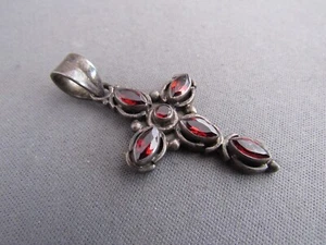 VINTAGE MASSIVER KLOBIGER GROSSER ROTER GRANAT KREUZ ANHÄNGER STERLING - Bild 1 von 4
