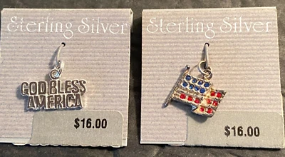 Novo Lote 2 Berloque/Pingente de Bandeira de Prata Esterlina 925 Jezlaine God Bless America& 0,5" - Imagem 1 de 3