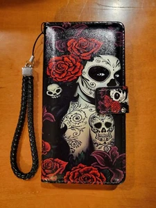 Used Faux Leather Day Of The Dead Sugar Skull Rose Fashion Galaxy S8 Phone Case - Picture 1 of 12