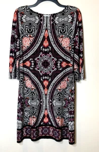 London Times Dress Petite 8 Black Shift Long Sleeve Stretch Geo Print Mandala - Picture 1 of 8