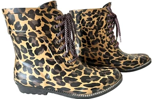 J Crew Rain Boots Leopard Rubber Sole Lace Up Upper Size 7 VGUC - Picture 1 of 10