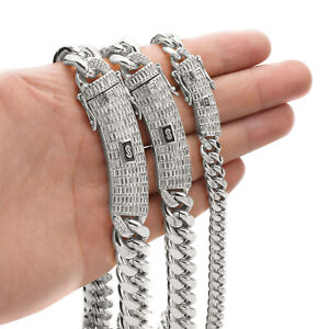 6-14mm Hip Hop Stainless Steel Cuban Chain Necklace Bracelets Platinum Plated