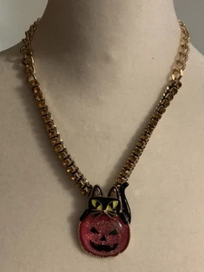 Betsey Johnson Glitzer rosa Kürbis schwarze Katze Halloween Halskette - Bild 1 von 7