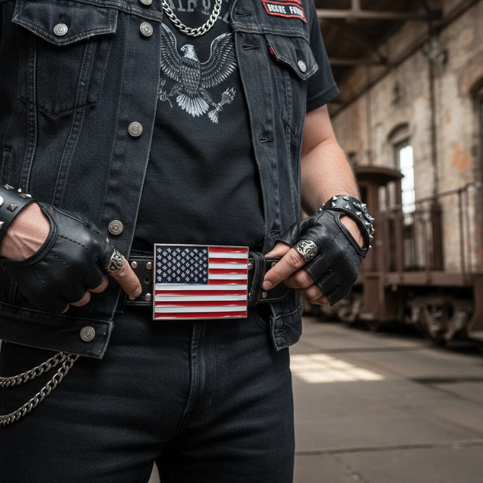 男式女式皮带扣金属银美国国旗红色蓝色男女通用 — 第 1/4 张图片