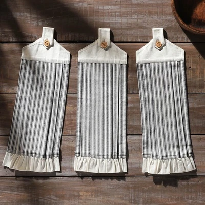 Sawyer Mill Black Ticking Stripe Button Loop Tea Towel Set of 3 VHC Brands - Image 1 of 4