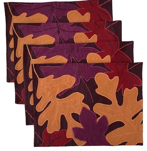 4 Crate and Barrel Fabric Placemats Bold Leaves Fall Foley Orange Purple Red - Picture 1 of 4