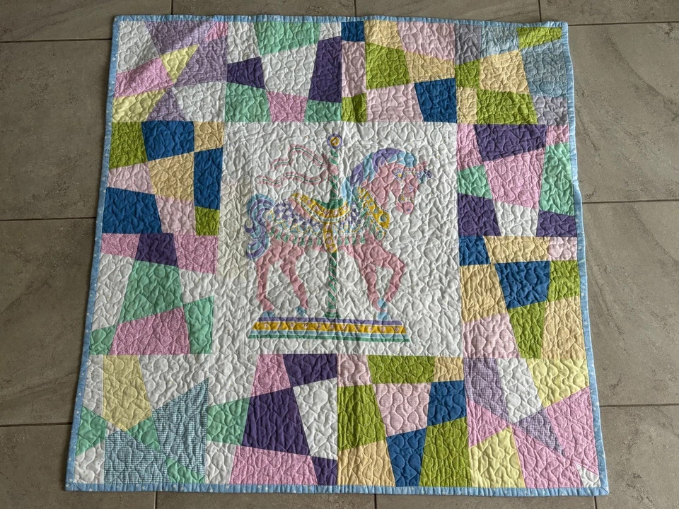 Wall Hung 39" Pastel Rainbow Carousel Horse Blanket Baby Quilt Coverlet Tapestry - Image 1 of 4