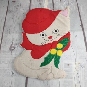 Vintage CAT Potholder Cloth Trivet Wall Hanging Liss Bros Christmas Holly Cotton - Picture 1 of 3