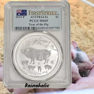 2019 P $1 Silver .9999oz Australia Year of Pig Privy Mark PCGS MS69 1st Strike - Picture 1 of 9