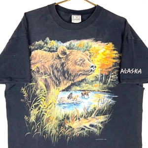 T-shirt vintage Alaskan orso marrone XL nera made Usa punto singolo fauna selvatica anni 90 - Foto 1 di 5