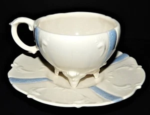 Victoria Cup and Saucer Loma Pottery Arizona White Blue Trim Floral Scroll USA - Picture 1 of 12