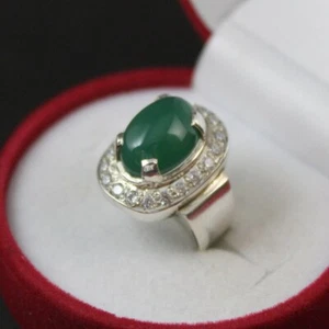 Natural Oval Green Aqeeq Agate Men Women Handmade Ring 925 Silver Sterling Ring