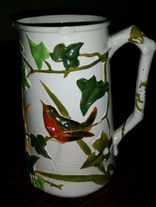 antique ceramic majolica white handle pitcher raised red & green bird and leaves - Picture 1 of 6