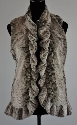 Multiples Womens Petite Small Faux Fur Open Vest - Browns Grays - Lined - Image 1 of 4