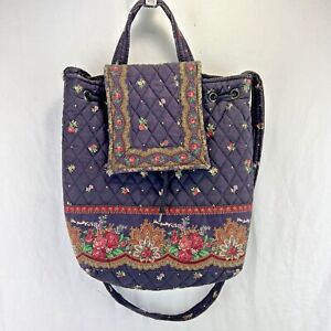Vera Bradley Petit Point Handbag Black Floral Print Quilted Crossbody Drawstring