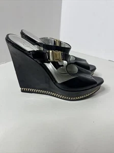 Y2K Jessica Simpson Black Patent Leather Open Toe Sandals Buckle Heels Size 7 B - Picture 1 of 13